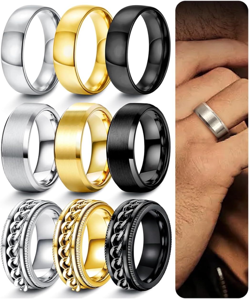 Stainless Steel Ring Set with Ring Adjuster for Men