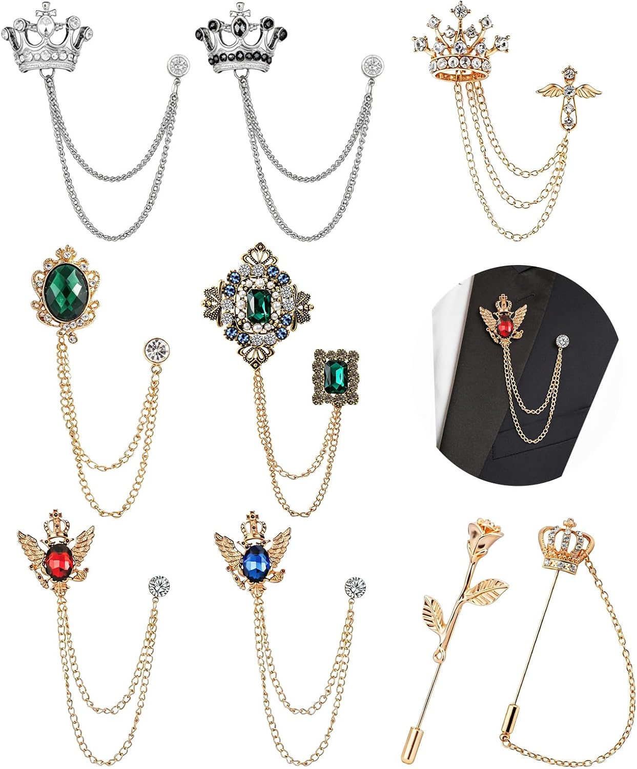 Men's Brooch Set with Crown and Floral Designs